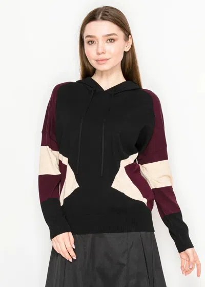 Yal New York Black And Burgundy Paneled Knit Hoodie