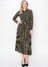 Yal New York Black & Gold Pleated Dress With Belt In Black