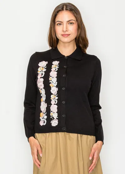 Yal New York Black Button Cardigan With Floral Detail