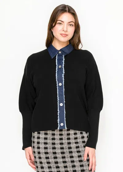 Yal New York Black Cardigan With Denim Trim