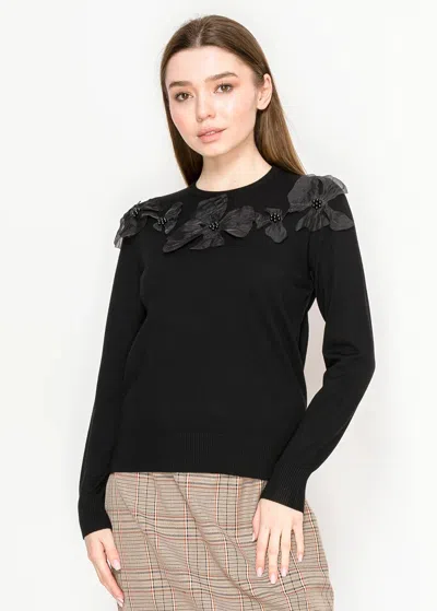 Yal New York Black Crewneck Sweater With Petal Detail