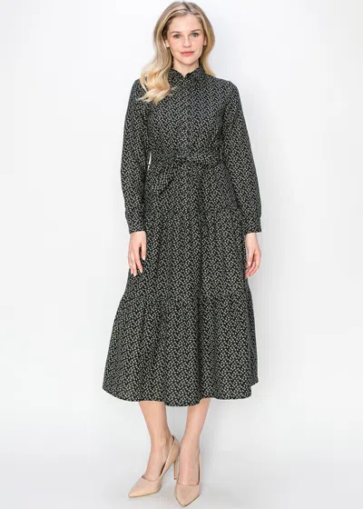 Yal New York Black Floral Belted Midi Dress
