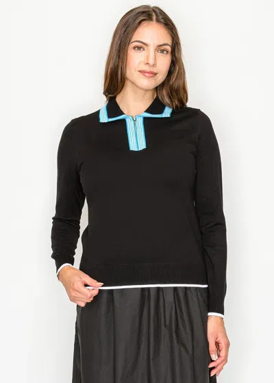 Yal New York Black Knit Sweater With Teal Stripe Collar & Half-zip