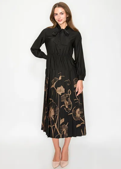 Yal New York Black Pleated Midi Dress With Tie Neckline