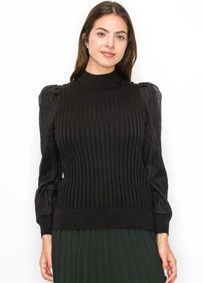Yal New York Black Ribbed Sweater With Puff Sleeves