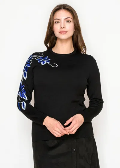 Yal New York Black Sweater With Blue Flowers