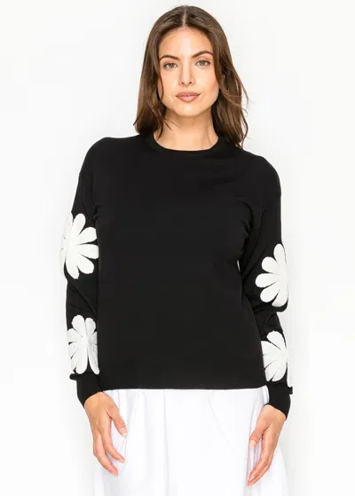 Yal New York Black Sweater With White Daisy Sleeve Detail