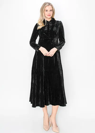 Yal New York Black Velvet Midi Dress With Long Sleeves