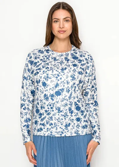 Yal New York Blue & White Floral Long Sleeve Knit Tee In Multi