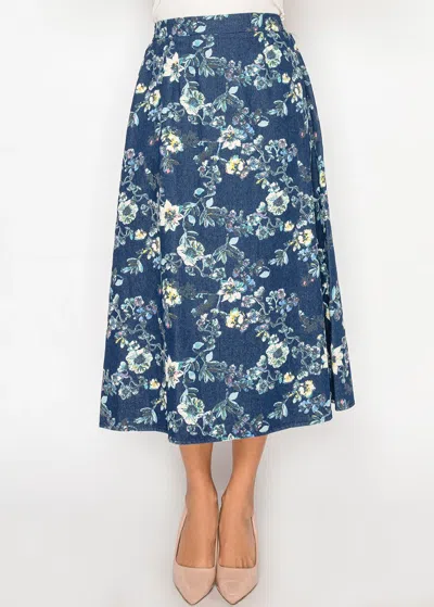 Yal New York Blue Floral Cotton Midi Skirt