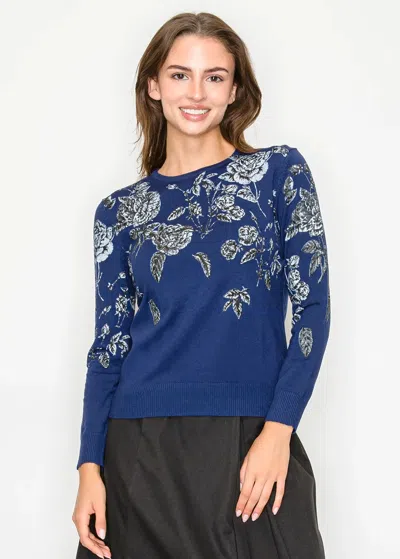 Yal New York Blue Knit Sweater With Floral Design