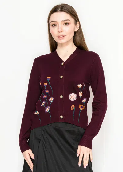 Yal New York Burgundy Embroidered Cardigan In White