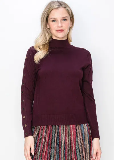 Yal New York Burgundy Mock Neck Sweater With Buttoned Sleeves In Multi