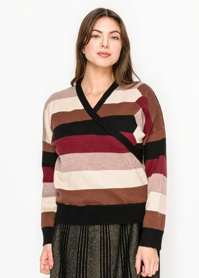 Yal New York Burgundy Striped Knit V-neck Sweater In Animal Print