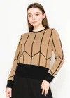 Yal New York Camel Crewneck Sweater With Black Lines In Neutral