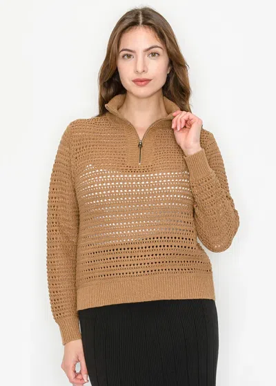 Yal New York Camel Open-knit Pullover With Zip Collar In Brown