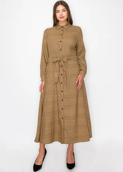 Yal New York Camel Plaid Shirt Dress With Belt In Brown