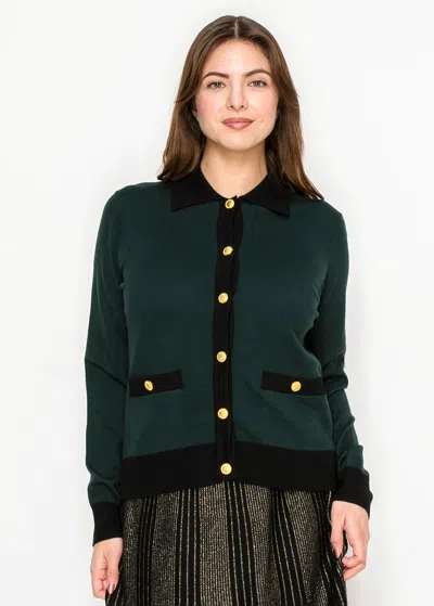 Yal New York Classic Green Cardigan With Black Trim