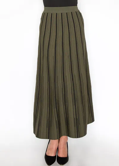 Yal New York Classic Olive Striped Midi Skirt In Green