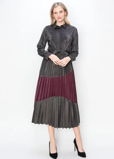 Yal New York Colorblock Metallic Pleated Midi Shirt Dress In Gray