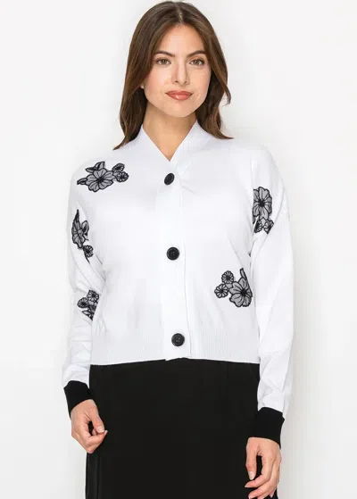 Yal New York Contrast Floral Embroidered Cardigan In White