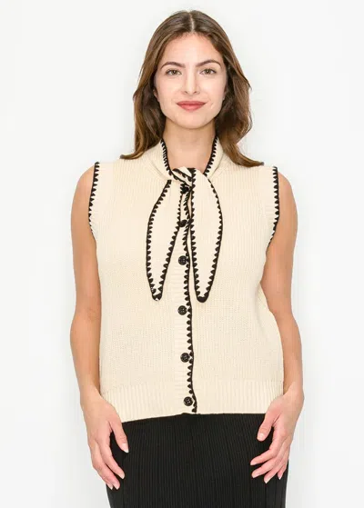 Yal New York Cream Knit Vest With Contrast Trim And Bow Tie In White