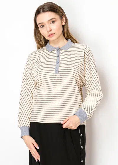 Yal New York Cream Stripe Tee With Grey Collar And Cuffs In Multi