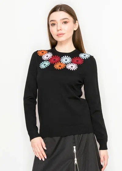 Yal New York Crewneck Black Sweater With Embroidered Flowers