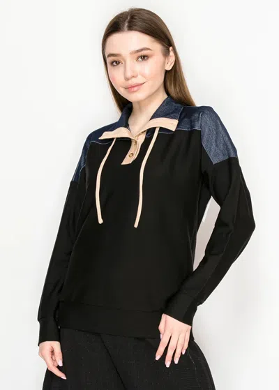 Yal New York Denim-trimmed Pullover With Tie Collar In Blue