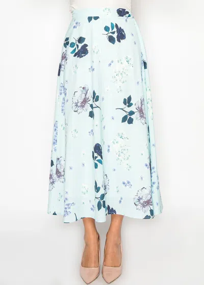 Yal New York Elegant Mint Floral Midi Skirt In Blue