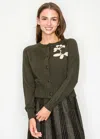 Yal New York Embroidered Ribbed Hem Cardigan In Olive In Green