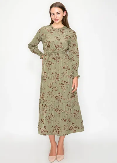 Yal New York Floral Olive Midi Dress With Waist Tie In Green