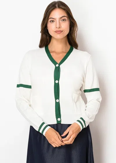 Yal New York Green-trimmed White Button Cardigan