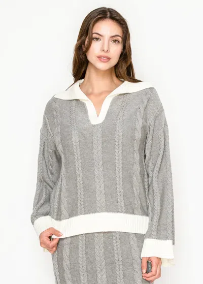 Yal New York Grey Cable Knit Pullover With White Collar In Gray