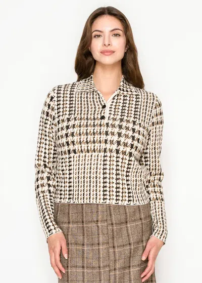 Yal New York Houndstooth Knit Collared Top In Brown