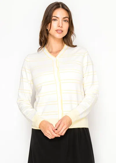 Yal New York Ivory Fine Knit Cardigan With Yellow Stripes In Green