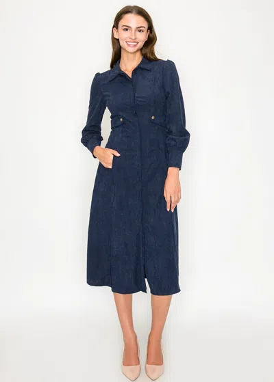 Yal New York Long-sleeve Navy Corduroy Shirt Dress In Blue