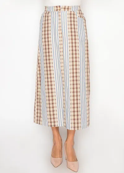 Yal New York Mixed Panel Midi Skirt, Blue & Tan Plaid