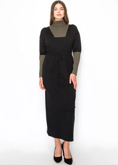 Yal New York Modern Black Dress With Olive Contrast Panels In Green