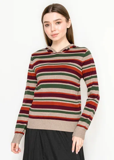 Yal New York Multi-stripe Knit Hoodie In Taupe And Burgundy