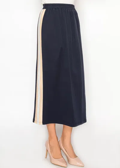 Yal New York Navy Cotton Skirt With Beige Side Stripe Midi In Blue