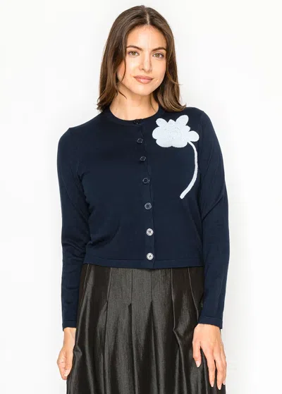 Yal New York Navy Knit Cardigan With White Flower Detail In Blue