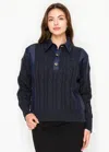 Yal New York Navy Mixed-texture Sweater With Button Collar In Blue