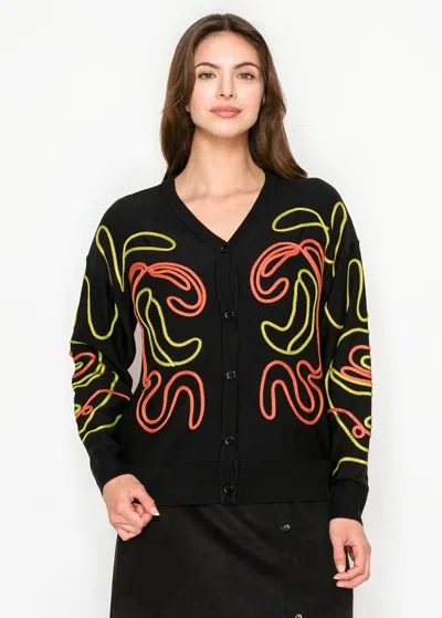 Yal New York Neon Line Pattern Knit Cardigan In Black