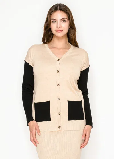 Yal New York Oatmeal Knit Cardigan With Black Sleeves In White