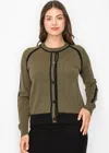 Yal New York Olive And Black Trim Buttoned Cardigan In Green