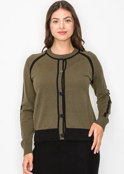 Yal New York Olive And Black Trim Buttoned Cardigan In Green