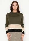 Yal New York Olive Crewneck Sweater With Woven Hem Detail In Green