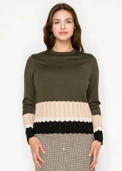Yal New York Olive Crewneck Sweater With Woven Hem Detail In Green