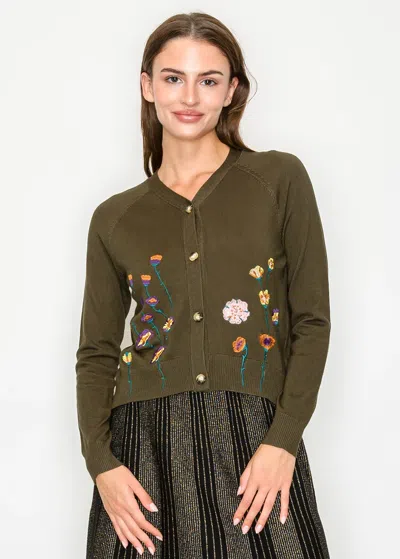 Yal New York Olive Green Cardigan With Embroidered Flowers
